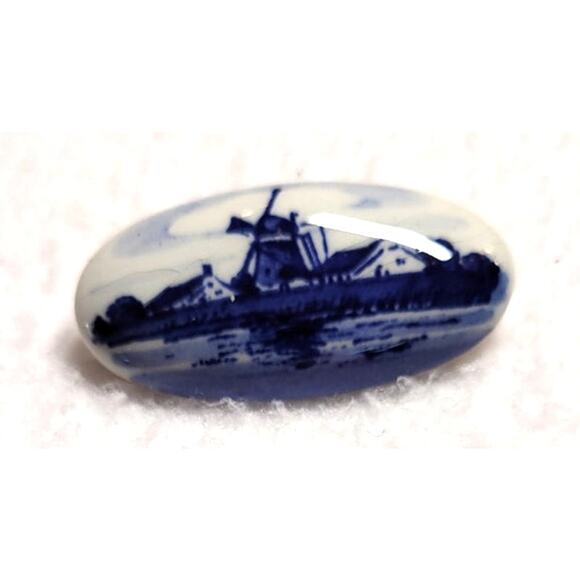 Handmade Delft Holland Dutch Windmill Pin Brooch Vtg Porcelain Oval Blue White - Picture 7 of 7